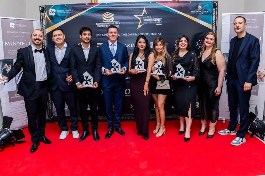 The LJ Projects team with their five trophies at the Malta Real Estate, Building & Construction Awards 2026, The Xara Lodge, Rabat